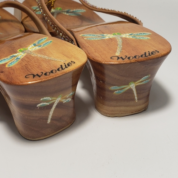 Dragonfly Woodies Wood Thong Heeled Sandals Size 9 With Sequin Straps - Picture 5 of 8